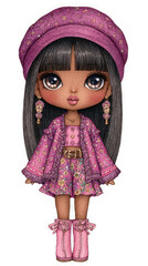 Cute Cartoon Girl in Pink Glitter Outfit and Beret,clipart, cut out, no background ,PNG die-cut for advertising