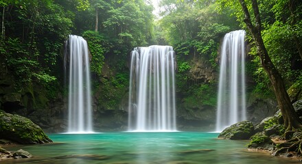 Obraz premium Tranquil three-tiered waterfall with silky long exposure water flowing into a vibrant turquoise lagoon in a lush, dense jungle.