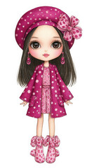 Cute Cartoon Girl in Pink Outfit and Beret on Transparent Background,clipart, cut out, no background ,PNG die-cut for advertising