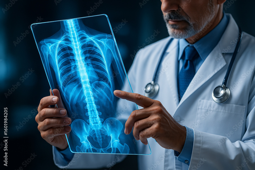 Poster ai generated ultra realistic image of a doctor examining a transparent tablet displaying a glowing 3