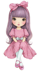 Cute Girl Illustration Lavender Hair, Pink Polka Dot Dress,clipart, cut out, no background ,PNG die-cut for advertising