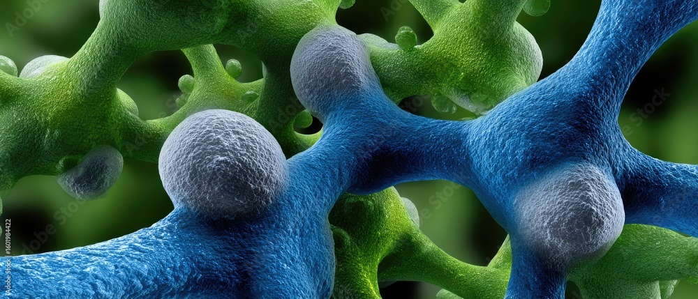 Poster molecule nanoparticle concept. microscopic view of colorful cellular structures interconnected in a 