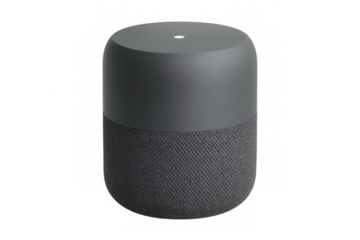 Modern gray smart speaker isolated on a transparent background, showcasing innovative technology for home or office use