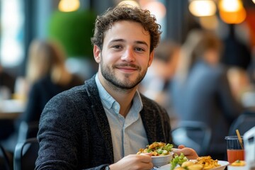 Businessman having a quick lunch in a startup company office, eating a fast food meal during a break in a co-working space designed for productivity and flexibility, Generative AI