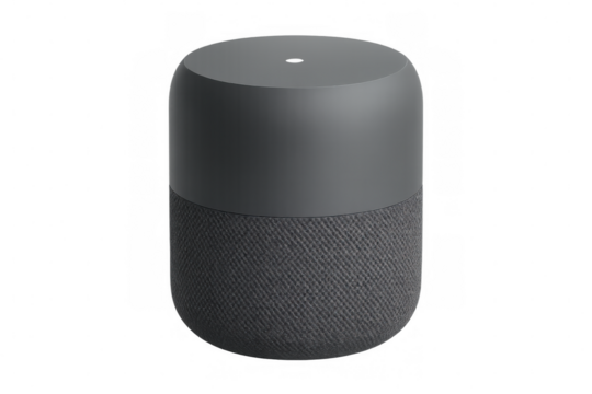 Modern gray smart speaker isolated on a transparent background, showcasing innovative technology for home or office use