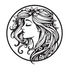 Elegant black and white illustration of a woman s profile with flowing hair and floral accents