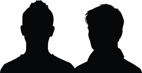Two Men Head and Shoulder Silhouettes with Different Haircuts, Isolated on White