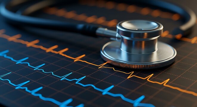 Stethoscope resting on colorful electrocardiogram readings showing heart activity