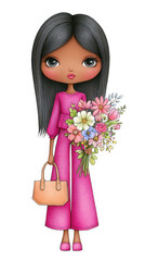 Cute Girl in Pink Outfit Holding Flowers and Purse,clipart, cut out, no background ,PNG die-cut for advertising