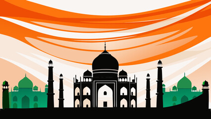 Majestic Taj Mahal silhouette set against a vibrant tri color Indian flag sky illustration in vector