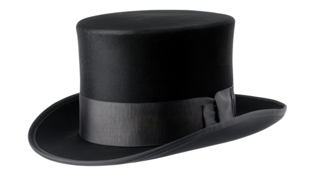 Classic black top hat with flat crown and wide brim representing vintage formal fashion isolated on white background