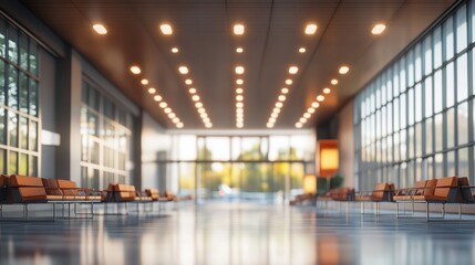 Fototapeta premium Modern airport terminal waiting area with seats and bright lights interior architecture design concept silhouette