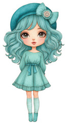 Cute Teal Clad Girl with Beret and Striped Socks Watercolor Illustration,clipart, cut out, no background ,PNG die-cut for advertising