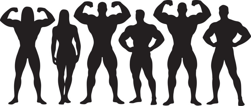 Set of bodybuilders vector silhouettes. Posing muscular