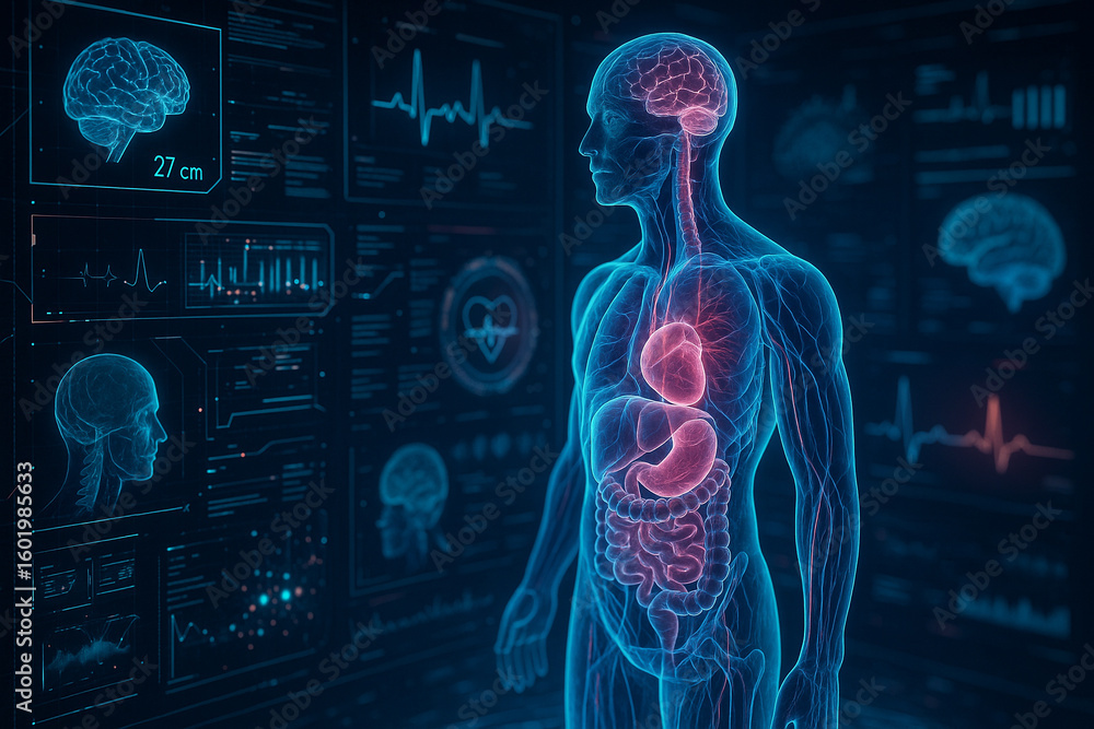 Poster ai generated futuristic human scan showing internal organs in a cyber medical interface with glowing