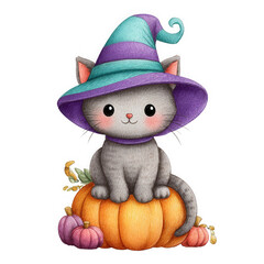 Adorable Gray Kitten in Witch Hat on Pumpkins, Halloween Illustration,clipart, cut out, no background ,PNG die-cut for advertising