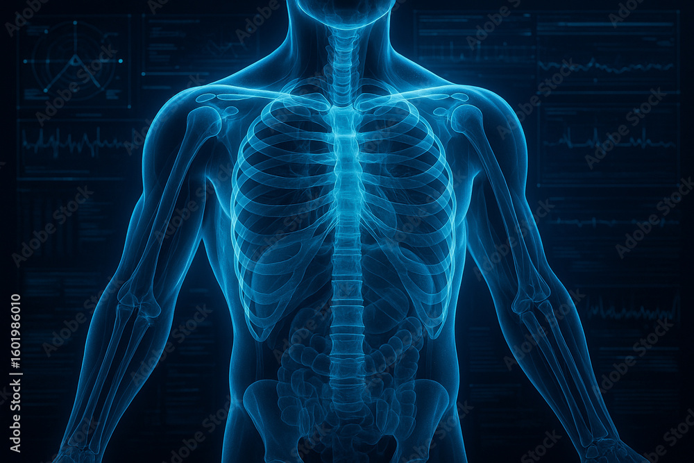 Poster ai generated digital anatomy scan showing glowing transparent torso with data overlays and futuristi