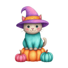 Cute Cartoon Cat in Witch Hat on Pumpkins,clipart, cut out, no background ,PNG die-cut for advertising