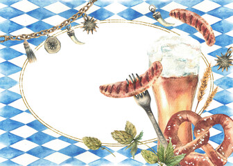 Beer with pretzel and sausage on fork on blue rhombuses Bavarian flags background oval gold frame. Oktoberfest drink and food and mens Charivari template. Watercolor hand painted isolated illustration