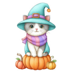 Cute Kitten in Witch's Hat on Pumpkin for Halloween,clipart, cut out, no background ,PNG die-cut for advertising