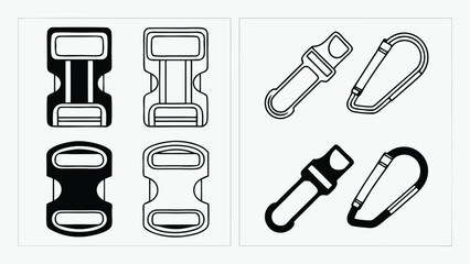Black and white icons of backpack buckles and carabiners