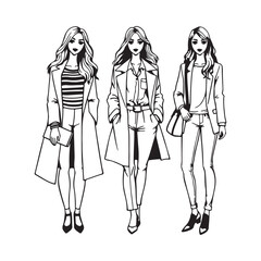 Elegant hand drawn sketch of a beautiful woman in a flowing dress and high heels sitting gracefully