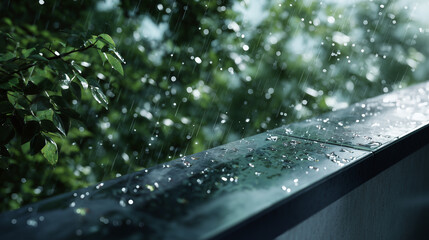 ベランダの手すりに叩きつける激しい雨粒、スコール