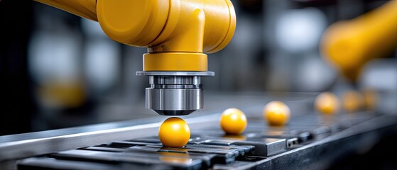ball bearings industry concept. Robotic arm handling yellow balls on a production line in a factory setting.