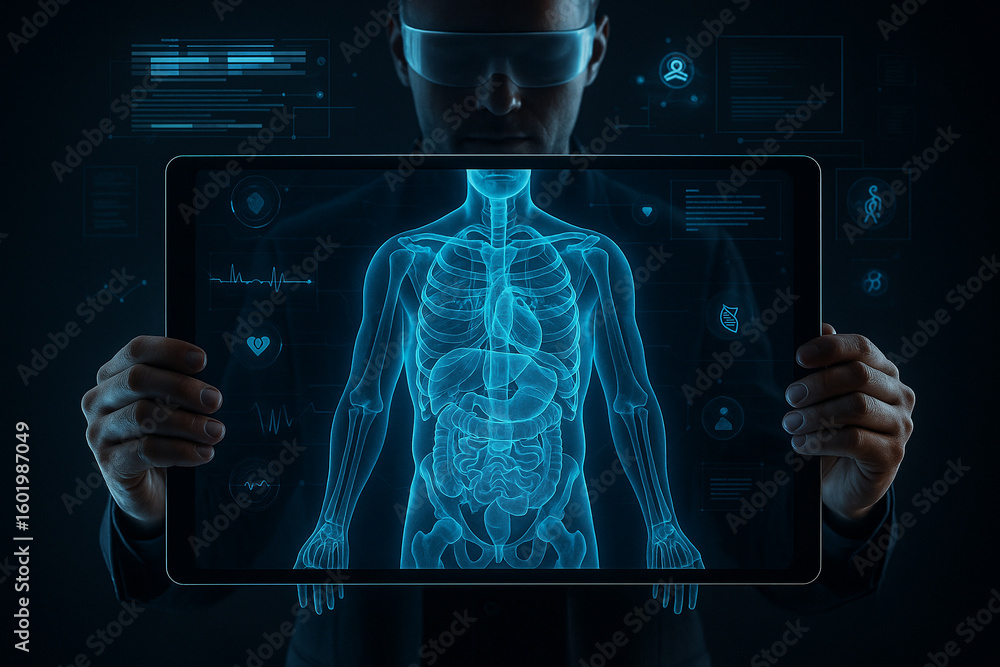 Poster ai generated digital art of a transparent human skeleton displayed via holographic tablet with futur