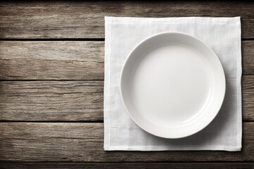 Empty white plate on a linen napkin on a weathered wooden table