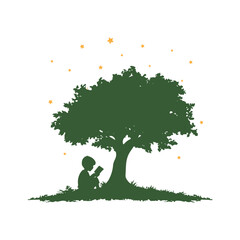Boy with Book Sitting Under Tree on Starry Night