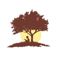 Child Reading Beneath Tree in Warm Sunset Glow