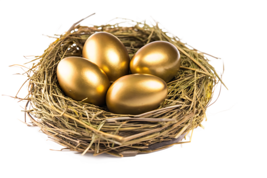 Golden eggs in nest isolated on a transparent background straw four eggs