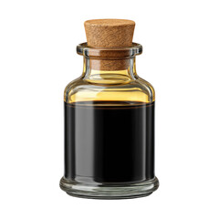 Glass bottle with cork stopper filled with dark liquid, isolated on transparency background, showcasing clear reflections and smooth surface