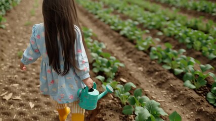 A young girl is holding a watering can in a garden. The garden is full of green plants and the girl is looking at them