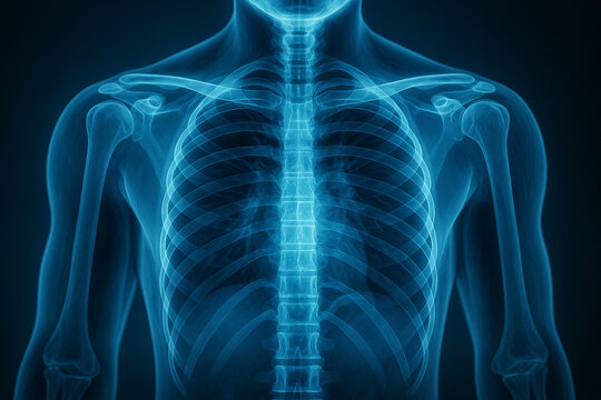 AI generated ultra realistic digital artwork shows male chest anatomy in glowing blue X-ray style with detailed ribs spine and shoulder bones in futuristic medical design