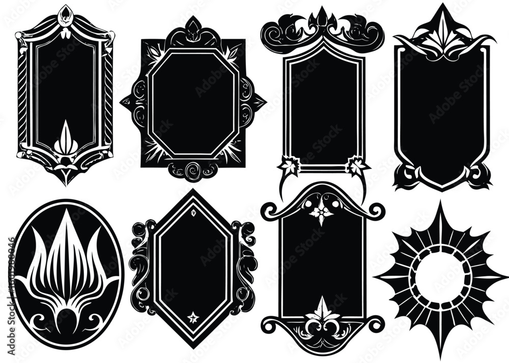 Poster collection of ornate decorative frames and borders isolated on transparent background
