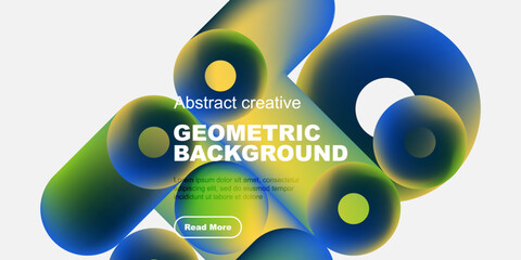 Abstract geometric shapes, vibrant colors, modern design. Text overlay includes geometric background, plus sample text, button. Minimalist aesthetic.