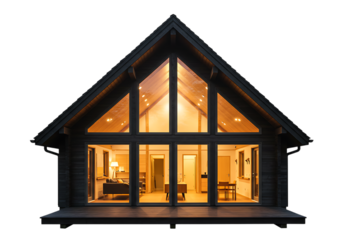 Modern a frame house with large glass windows isolated on transparent background