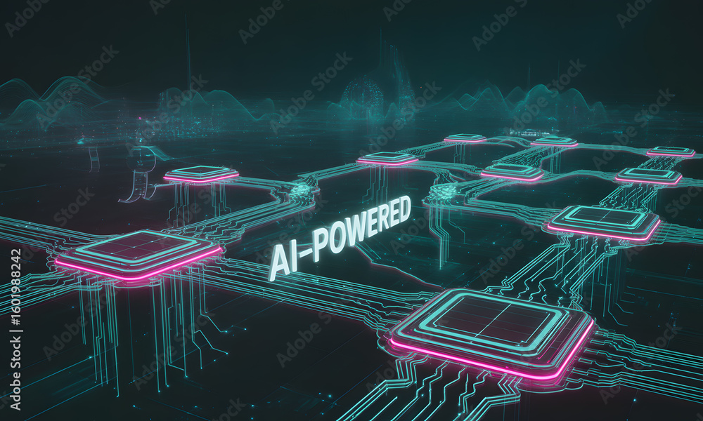 Poster artificial intelligence concept: ai-powered digital network and circuitry