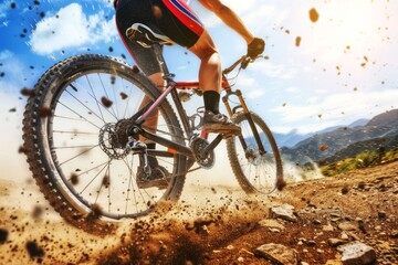 Naklejka premium Mountain biking adventure through lush trails in a breathtaking valley during a sunny afternoon