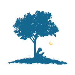 Boy Sitting Under Tree Reading Beneath Crescent Moon