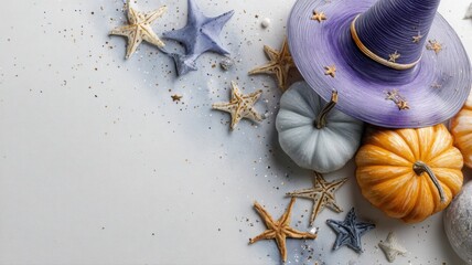 Watercolor Halloween flat lay with pumpkin, trick or treat vibe