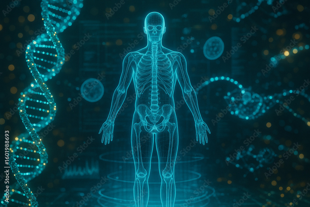 Poster ai generated sci-fi digital artwork of human wireframe anatomy surrounded by floating dna molecules 