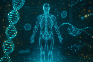 AI generated sci-fi digital artwork of human wireframe anatomy surrounded by floating DNA molecules and data interfaces showing molecular level scanning and futuristic biovisualization