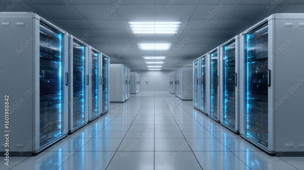 Poster data center corridor: an expansive and modern data center hallway. servers stand in perfect alignmen