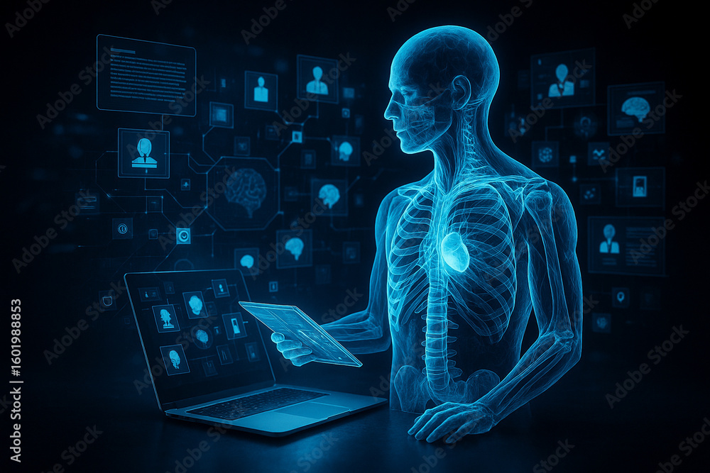 Poster ai generated futuristic holographic human scan showing internal organs and data interface surrounded