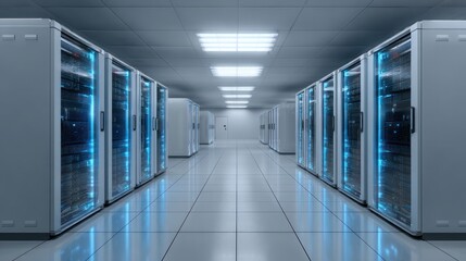 Data Center Corridor: An expansive and modern data center hallway. Servers stand in perfect alignment. The scene evokes a sense of technological advancement and the importance of data management. 