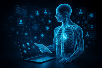AI generated futuristic holographic human scan showing internal organs and data interface surrounded by medical analytics in a high tech dark lab environment