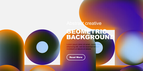 Abstract composition features vibrant geometric shapes, gradients, text overlay, button. Modern design evokes creativity, dynamism.